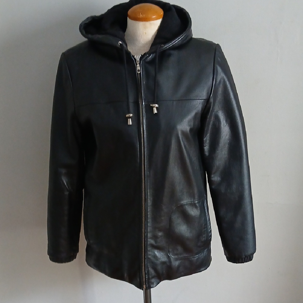 Women Black Leather Jacket with Hood